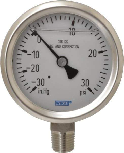 Wika - 2-1/2" Dial, 1/4 Thread, 30-0-30 Scale Range, Pressure Gauge - Lower Connection Mount, Accurate to 1.5% of Scale - Exact Tool & Supply