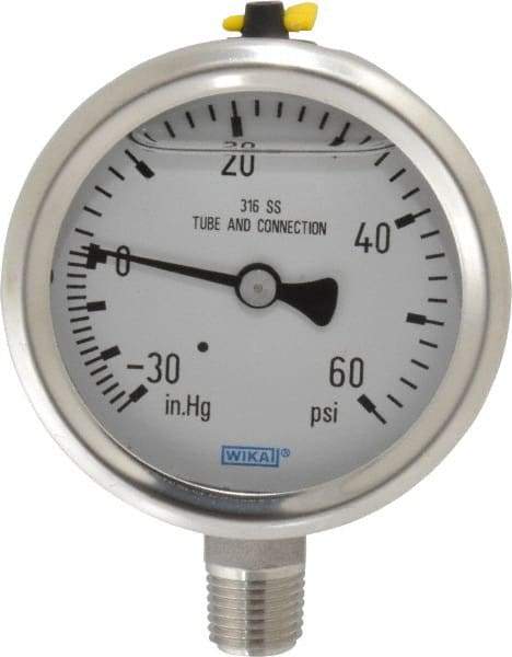 Wika - 2-1/2" Dial, 1/4 Thread, 30-0-60 Scale Range, Pressure Gauge - Lower Connection Mount, Accurate to 1.5% of Scale - Exact Tool & Supply