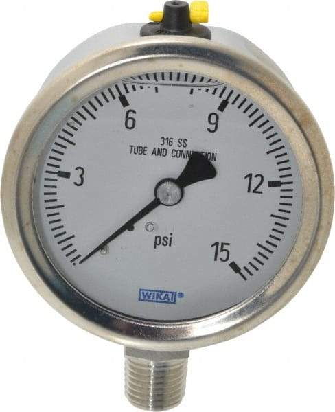 Wika - 2-1/2" Dial, 1/4 Thread, 0-15 Scale Range, Pressure Gauge - Lower Connection Mount, Accurate to 1.5% of Scale - Exact Tool & Supply