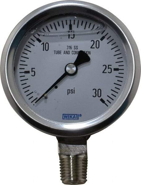 Wika - 2-1/2" Dial, 1/4 Thread, 0-30 Scale Range, Pressure Gauge - Lower Connection Mount, Accurate to 1.5% of Scale - Exact Tool & Supply