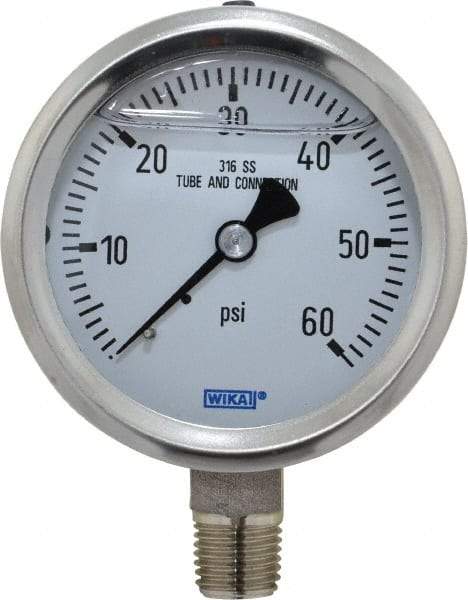 Wika - 2-1/2" Dial, 1/4 Thread, 0-60 Scale Range, Pressure Gauge - Lower Connection Mount, Accurate to 1.5% of Scale - Exact Tool & Supply