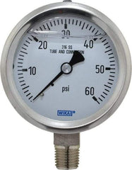 Wika - 2-1/2" Dial, 1/4 Thread, 0-60 Scale Range, Pressure Gauge - Lower Connection Mount, Accurate to 1.5% of Scale - Exact Tool & Supply