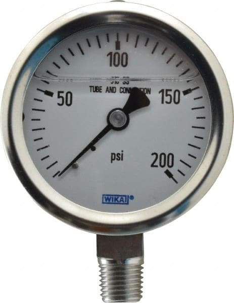 Wika - 2-1/2" Dial, 1/4 Thread, 0-200 Scale Range, Pressure Gauge - Lower Connection Mount, Accurate to 1.5% of Scale - Exact Tool & Supply