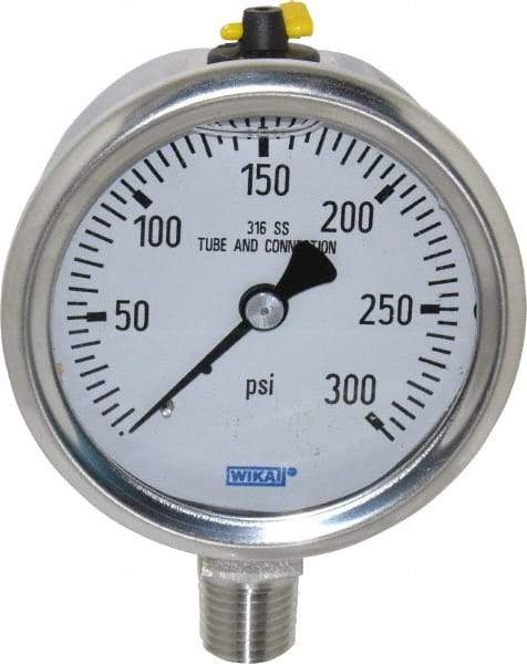 Wika - 2-1/2" Dial, 1/4 Thread, 0-300 Scale Range, Pressure Gauge - Lower Connection Mount, Accurate to 1.5% of Scale - Exact Tool & Supply