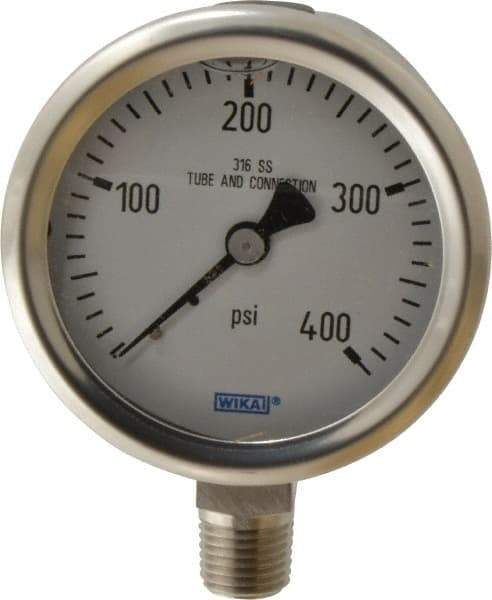 Wika - 2-1/2" Dial, 1/4 Thread, 0-400 Scale Range, Pressure Gauge - Lower Connection Mount, Accurate to 1.5% of Scale - Exact Tool & Supply