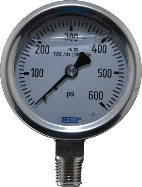 Wika - 2-1/2" Dial, 1/4 Thread, 0-600 Scale Range, Pressure Gauge - Lower Connection Mount, Accurate to 1.5% of Scale - Exact Tool & Supply