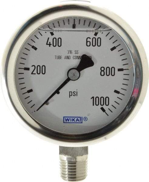 Wika - 2-1/2" Dial, 1/4 Thread, 0-1,000 Scale Range, Pressure Gauge - Lower Connection Mount, Accurate to 1.5% of Scale - Exact Tool & Supply