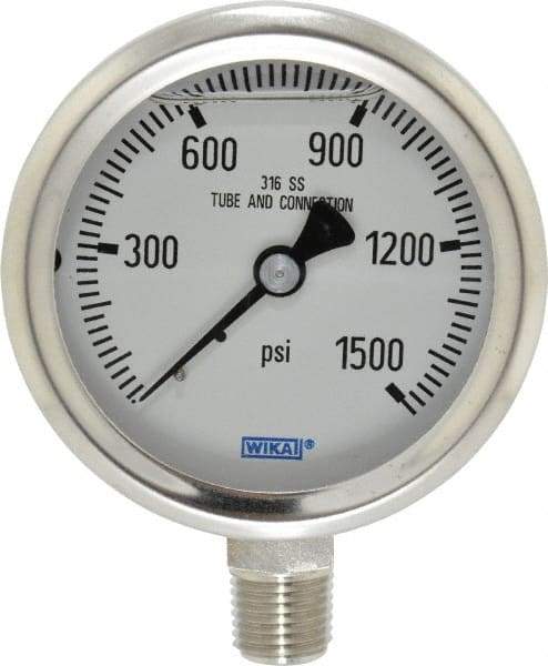 Wika - 2-1/2" Dial, 1/4 Thread, 0-1,500 Scale Range, Pressure Gauge - Lower Connection Mount, Accurate to 1.5% of Scale - Exact Tool & Supply