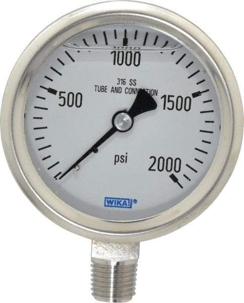 Wika - 2-1/2" Dial, 1/4 Thread, 0-2,000 Scale Range, Pressure Gauge - Lower Connection Mount, Accurate to 1.5% of Scale - Exact Tool & Supply