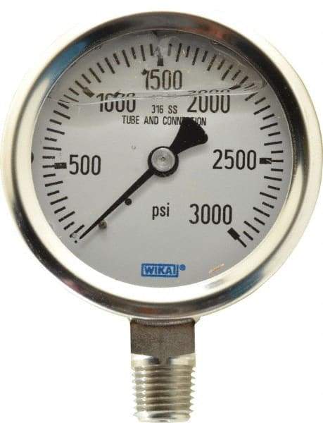 Wika - 2-1/2" Dial, 1/4 Thread, 0-3,000 Scale Range, Pressure Gauge - Lower Connection Mount, Accurate to 1.5% of Scale - Exact Tool & Supply