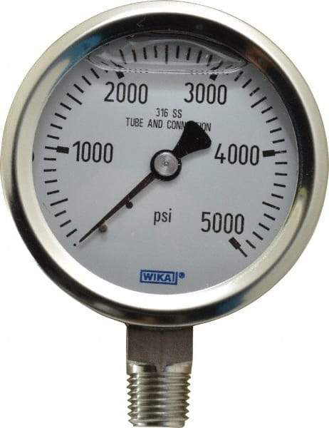 Wika - 2-1/2" Dial, 1/4 Thread, 0-5,000 Scale Range, Pressure Gauge - Lower Connection Mount, Accurate to 1.5% of Scale - Exact Tool & Supply