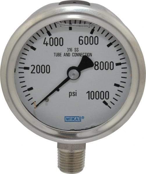 Wika - 2-1/2" Dial, 1/4 Thread, 0-10,000 Scale Range, Pressure Gauge - Lower Connection Mount, Accurate to 1.5% of Scale - Exact Tool & Supply