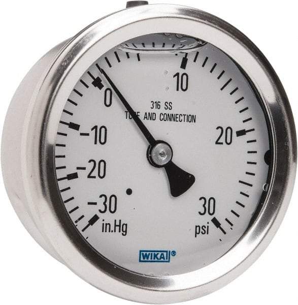 Wika - 2-1/2" Dial, 1/4 Thread, 30-0-30 Scale Range, Pressure Gauge - Center Back Connection Mount, Accurate to 1.5% of Scale - Exact Tool & Supply