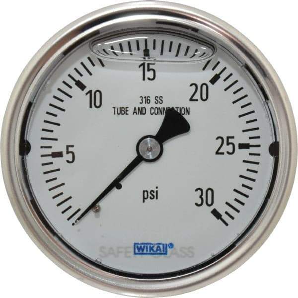 Wika - 2-1/2" Dial, 1/4 Thread, 0-30 Scale Range, Pressure Gauge - Center Back Connection Mount, Accurate to 1.5% of Scale - Exact Tool & Supply