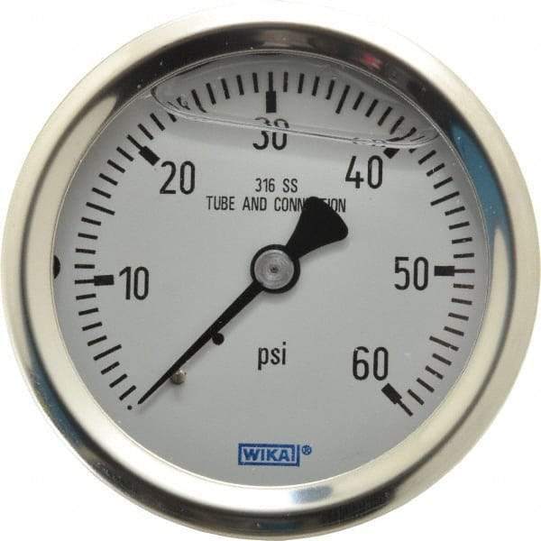 Wika - 2-1/2" Dial, 1/4 Thread, 0-60 Scale Range, Pressure Gauge - Center Back Connection Mount, Accurate to 1.5% of Scale - Exact Tool & Supply