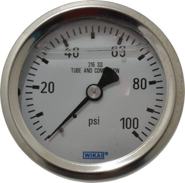 Wika - 2-1/2" Dial, 1/4 Thread, 0-100 Scale Range, Pressure Gauge - Center Back Connection Mount, Accurate to 1.5% of Scale - Exact Tool & Supply