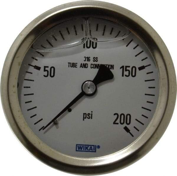 Wika - 2-1/2" Dial, 1/4 Thread, 0-200 Scale Range, Pressure Gauge - Center Back Connection Mount, Accurate to 1.5% of Scale - Exact Tool & Supply