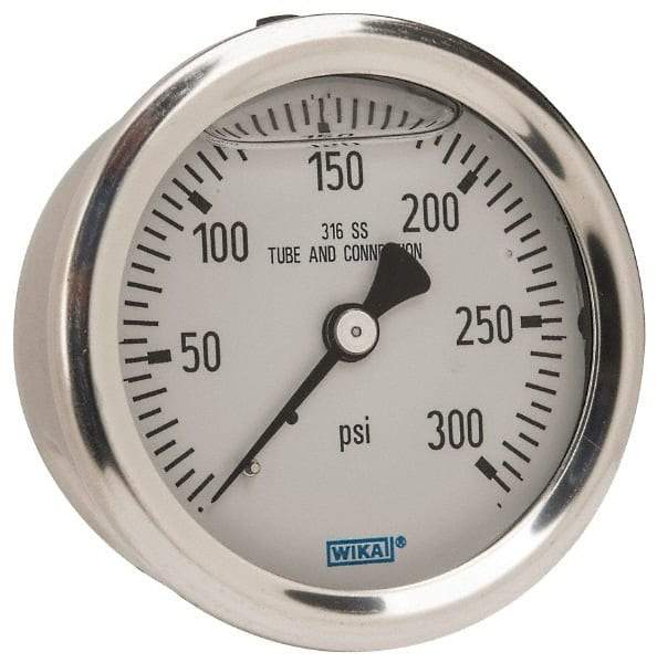 Wika - 2-1/2" Dial, 1/4 Thread, 0-300 Scale Range, Pressure Gauge - Center Back Connection Mount, Accurate to 1.5% of Scale - Exact Tool & Supply