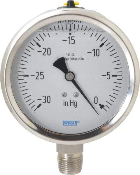 Wika - 4" Dial, 1/2 Thread, 30-0 Scale Range, Pressure Gauge - Lower Connection Mount, Accurate to 1% of Scale - Exact Tool & Supply