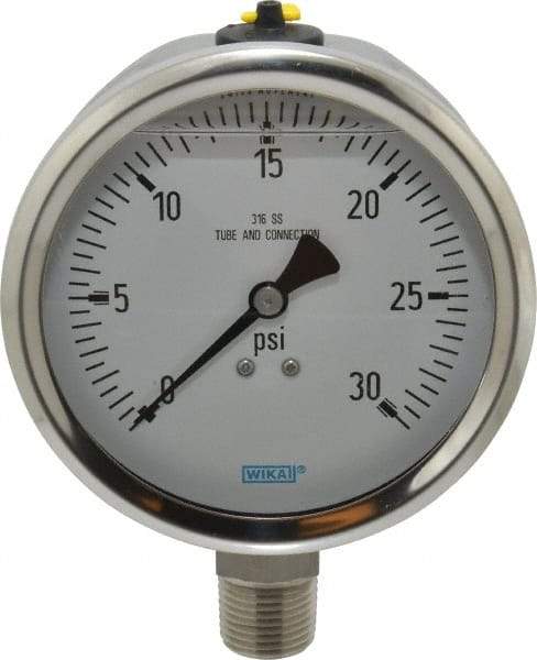 Wika - 4" Dial, 1/2 Thread, 0-30 Scale Range, Pressure Gauge - Lower Connection Mount, Accurate to 1% of Scale - Exact Tool & Supply