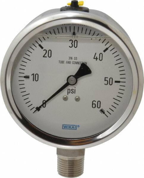Wika - 4" Dial, 1/2 Thread, 0-60 Scale Range, Pressure Gauge - Lower Connection Mount, Accurate to 1% of Scale - Exact Tool & Supply