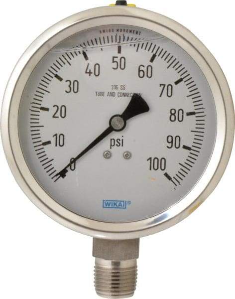 Wika - 4" Dial, 1/2 Thread, 0-100 Scale Range, Pressure Gauge - Lower Connection Mount, Accurate to 1% of Scale - Exact Tool & Supply