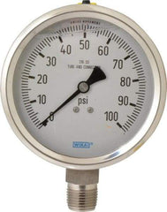 Wika - 4" Dial, 1/2 Thread, 0-100 Scale Range, Pressure Gauge - Lower Connection Mount, Accurate to 1% of Scale - Exact Tool & Supply