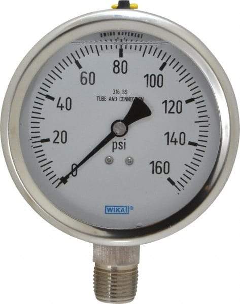 Wika - 4" Dial, 1/2 Thread, 0-160 Scale Range, Pressure Gauge - Lower Connection Mount, Accurate to 1% of Scale - Exact Tool & Supply