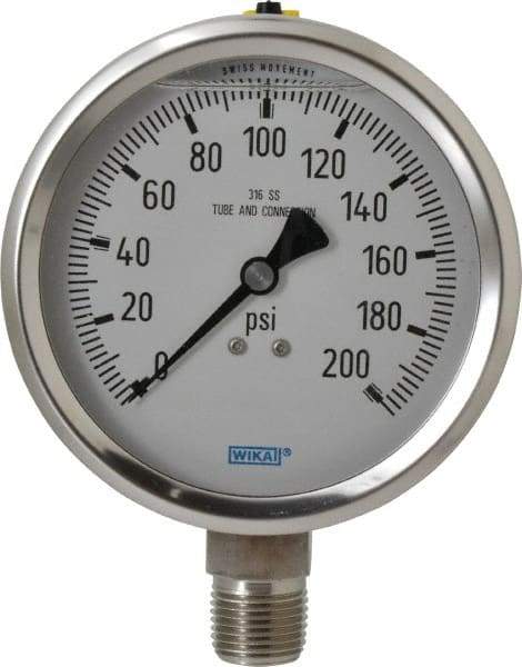 Wika - 4" Dial, 1/2 Thread, 0-200 Scale Range, Pressure Gauge - Lower Connection Mount, Accurate to 1% of Scale - Exact Tool & Supply