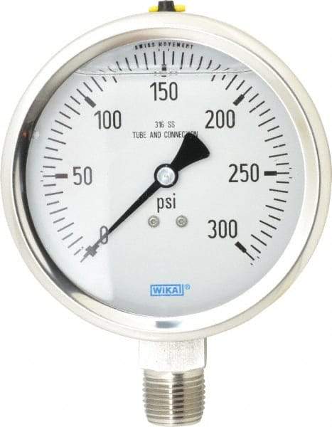Wika - 4" Dial, 1/2 Thread, 0-300 Scale Range, Pressure Gauge - Lower Connection Mount, Accurate to 1% of Scale - Exact Tool & Supply