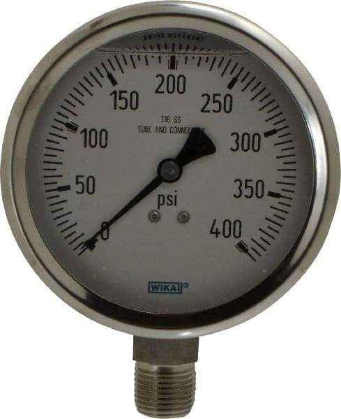 Wika - 4" Dial, 1/2 Thread, 0-400 Scale Range, Pressure Gauge - Lower Connection Mount, Accurate to 1% of Scale - Exact Tool & Supply