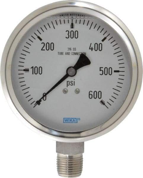 Wika - 4" Dial, 1/2 Thread, 0-600 Scale Range, Pressure Gauge - Lower Connection Mount, Accurate to 1% of Scale - Exact Tool & Supply