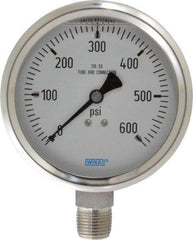 Wika - 4" Dial, 1/2 Thread, 0-600 Scale Range, Pressure Gauge - Lower Connection Mount, Accurate to 1% of Scale - Exact Tool & Supply