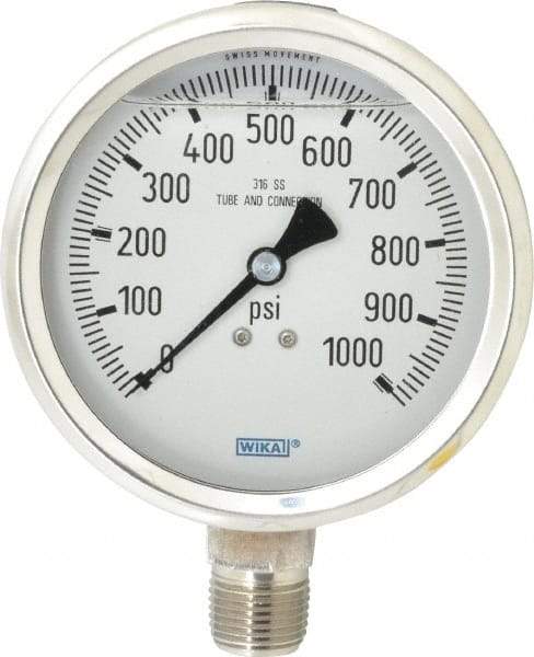 Wika - 4" Dial, 1/2 Thread, 0-1,000 Scale Range, Pressure Gauge - Lower Connection Mount, Accurate to 1% of Scale - Exact Tool & Supply
