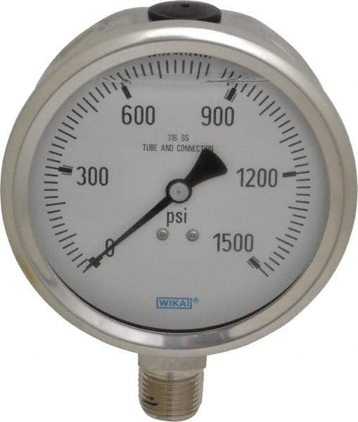 Wika - 4" Dial, 1/2 Thread, 0-1,500 Scale Range, Pressure Gauge - Lower Connection Mount, Accurate to 1% of Scale - Exact Tool & Supply