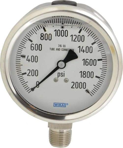 Wika - 4" Dial, 1/2 Thread, 0-2,000 Scale Range, Pressure Gauge - Lower Connection Mount, Accurate to 1% of Scale - Exact Tool & Supply