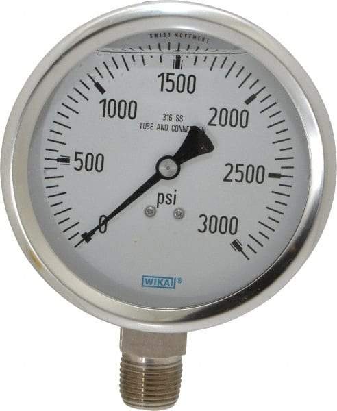Wika - 4" Dial, 1/2 Thread, 0-3,000 Scale Range, Pressure Gauge - Lower Connection Mount, Accurate to 1% of Scale - Exact Tool & Supply