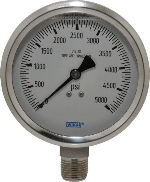 Wika - 4" Dial, 1/2 Thread, 0-5,000 Scale Range, Pressure Gauge - Lower Connection Mount, Accurate to 1% of Scale - Exact Tool & Supply