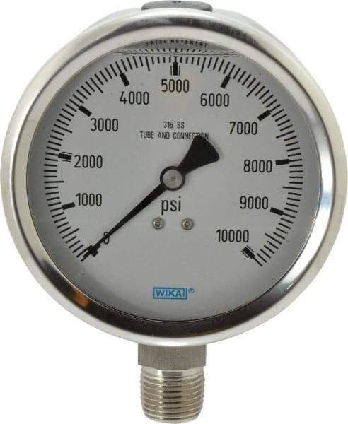 Wika - 4" Dial, 1/2 Thread, 0-10,000 Scale Range, Pressure Gauge - Lower Connection Mount, Accurate to 1% of Scale - Exact Tool & Supply