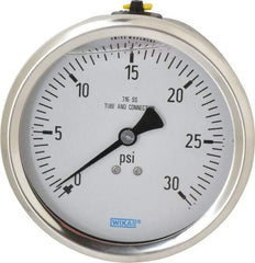 Wika - 4" Dial, 1/2 Thread, 0-30 Scale Range, Pressure Gauge - Lower Back Connection Mount, Accurate to 1% of Scale - Exact Tool & Supply
