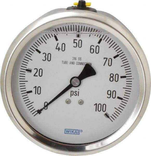 Wika - 4" Dial, 1/2 Thread, 0-100 Scale Range, Pressure Gauge - Lower Back Connection Mount, Accurate to 1% of Scale - Exact Tool & Supply