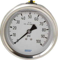 Wika - 4" Dial, 1/2 Thread, 0-100 Scale Range, Pressure Gauge - Lower Back Connection Mount, Accurate to 1% of Scale - Exact Tool & Supply