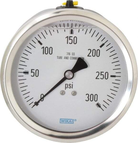 Wika - 4" Dial, 1/2 Thread, 0-300 Scale Range, Pressure Gauge - Lower Back Connection Mount, Accurate to 1% of Scale - Exact Tool & Supply