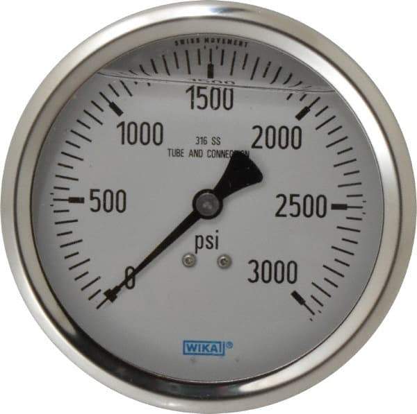 Wika - 4" Dial, 1/2 Thread, 0-3,000 Scale Range, Pressure Gauge - Lower Back Connection Mount, Accurate to 1% of Scale - Exact Tool & Supply