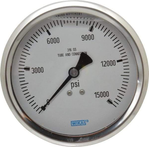 Wika - 4" Dial, 1/2 Thread, 0-15,000 Scale Range, Pressure Gauge - Lower Back Connection Mount, Accurate to 1% of Scale - Exact Tool & Supply