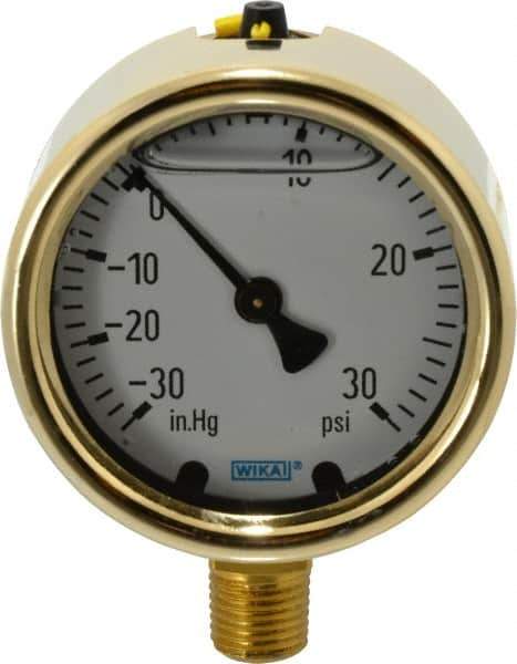 Wika - 2-1/2" Dial, 1/4 Thread, 30-0-30 Scale Range, Pressure Gauge - Lower Connection Mount, Accurate to 1.5% of Scale - Exact Tool & Supply