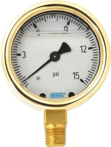 Wika - 2-1/2" Dial, 1/4 Thread, 0-15 Scale Range, Pressure Gauge - Lower Connection Mount, Accurate to 1.5% of Scale - Exact Tool & Supply