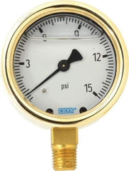 Wika - 2-1/2" Dial, 1/4 Thread, 0-15 Scale Range, Pressure Gauge - Lower Connection Mount, Accurate to 1.5% of Scale - Exact Tool & Supply