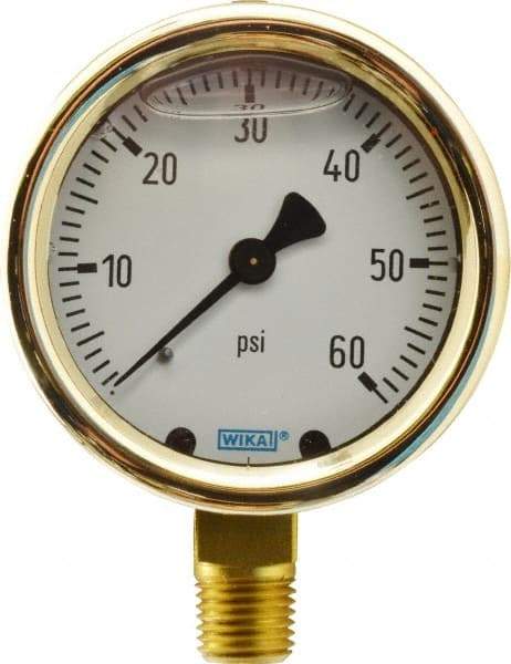 Wika - 2-1/2" Dial, 1/4 Thread, 0-60 Scale Range, Pressure Gauge - Lower Connection Mount, Accurate to 1.5% of Scale - Exact Tool & Supply