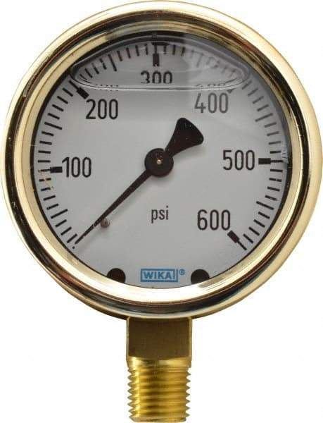 Wika - 2-1/2" Dial, 1/4 Thread, 0-600 Scale Range, Pressure Gauge - Lower Connection Mount, Accurate to 1.5% of Scale - Exact Tool & Supply
